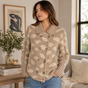 Rosie Neira‎ Wool Blend Chunky Knit Cardigan Sweater Beige Women's Small